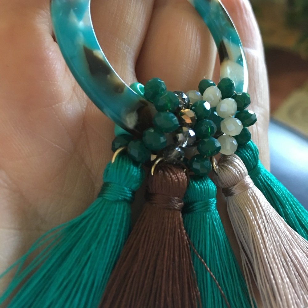 Turquoise acetate beaded fringe dangle earrings - Picture 6 of 8